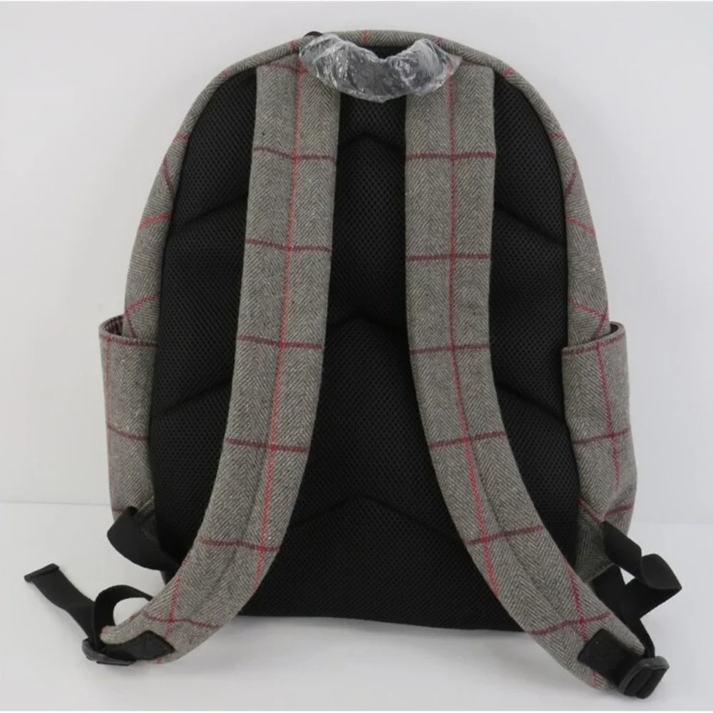Baekgaard Clark Backpack Full-Size Plaid Flannel Leather Trim‎ Laptop Bag NWT